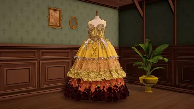 Dressmaker の店内でドレスフォームに飾られた金色の層になったボールガウン