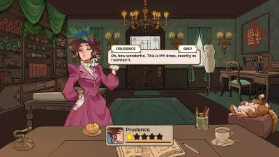 Dressmaker の店内で客が立つ場面。会話パネルと星評価が表示されている
