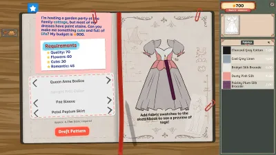 Dressmaker のスケッチブック画面。客の要望、要件タグ、起こした型紙が表示されている