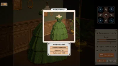 Dressmaker のドレス完成画面。作業を続ける、売る、贈るの選択肢が並ぶ