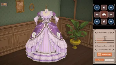 Dressmaker の店内でマネキンに飾られたライラック色のヴィクトリア風ボールガウン