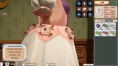 Dressmaker の装飾配置画面。ドレスの接写とトリム・ボタンのパレットが見える