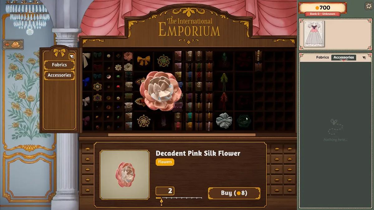 Dressmaker のアクセサリー画面で選択中の装飾とそのスタイルタグ